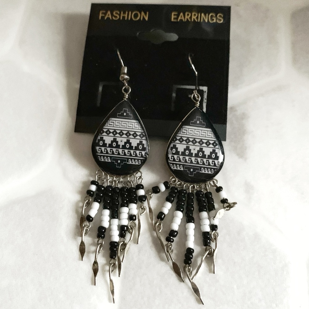 Tribal Beaded Dangle Earrings Silver & Black Beaded